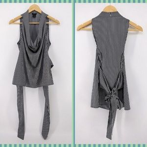 Cowl Neck Tie Waist Striped Sleeveless Blouse